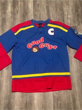 Chucky Shirt Mens Large Box Lunch Hockey Jersey Red Blue Horror Movie 80s Retro